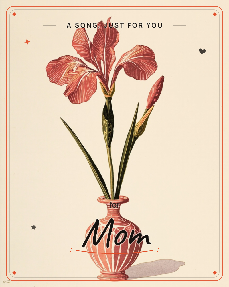 A single coral-pink iris in full bloom stands beside an unopened bud, both rising from a rounded ceramic vase etched with fine linear patterns, a just because e-card design
