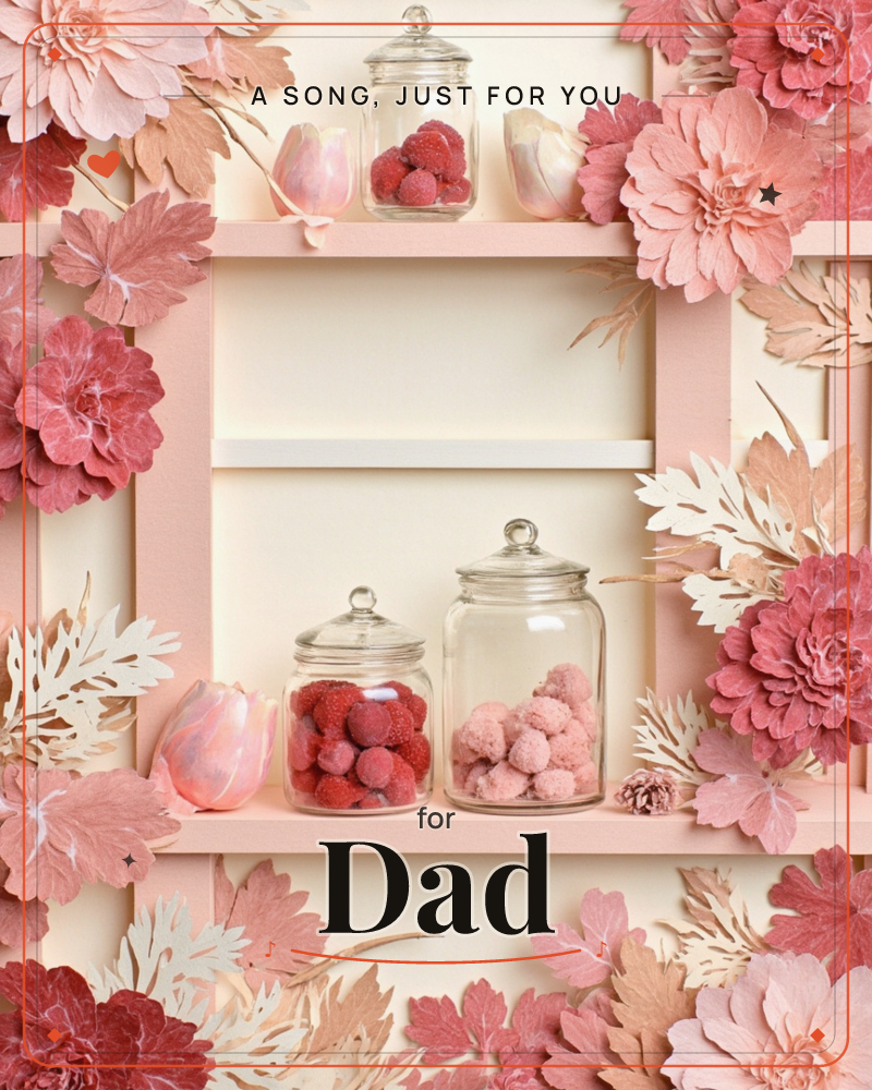 A pale pink shelving nook is framed with layered paper flowers, ferns and leaves in shades of blush and rose, a just because e-card design