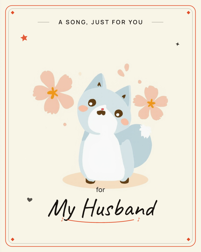 A round, pale blue-grey fox cub with a white belly and fluffy white-tipped tail stands on a soft peach oval shadow, flanked by two large pink cherry…, a just because e-card design