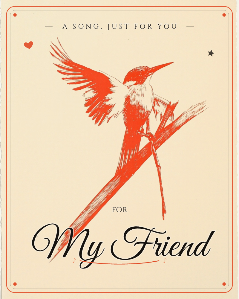 A long-tailed bird is drawn in a single bold shade of orange-red, one wing lifted mid-flap as it balances on a slanted branch rendered in the same…, a just because e-card design
