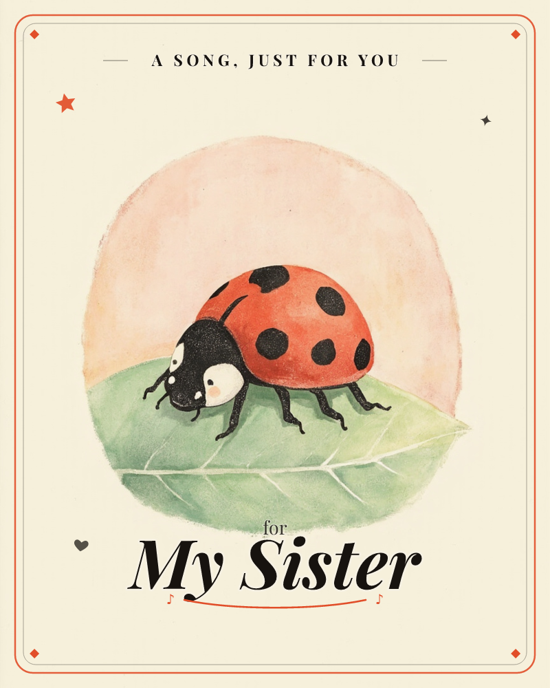 A round-shelled ladybird with a friendly, blushing face perches on a single green leaf, its black spotted dome glowing red against a soft peach-toned…, a just because e-card design