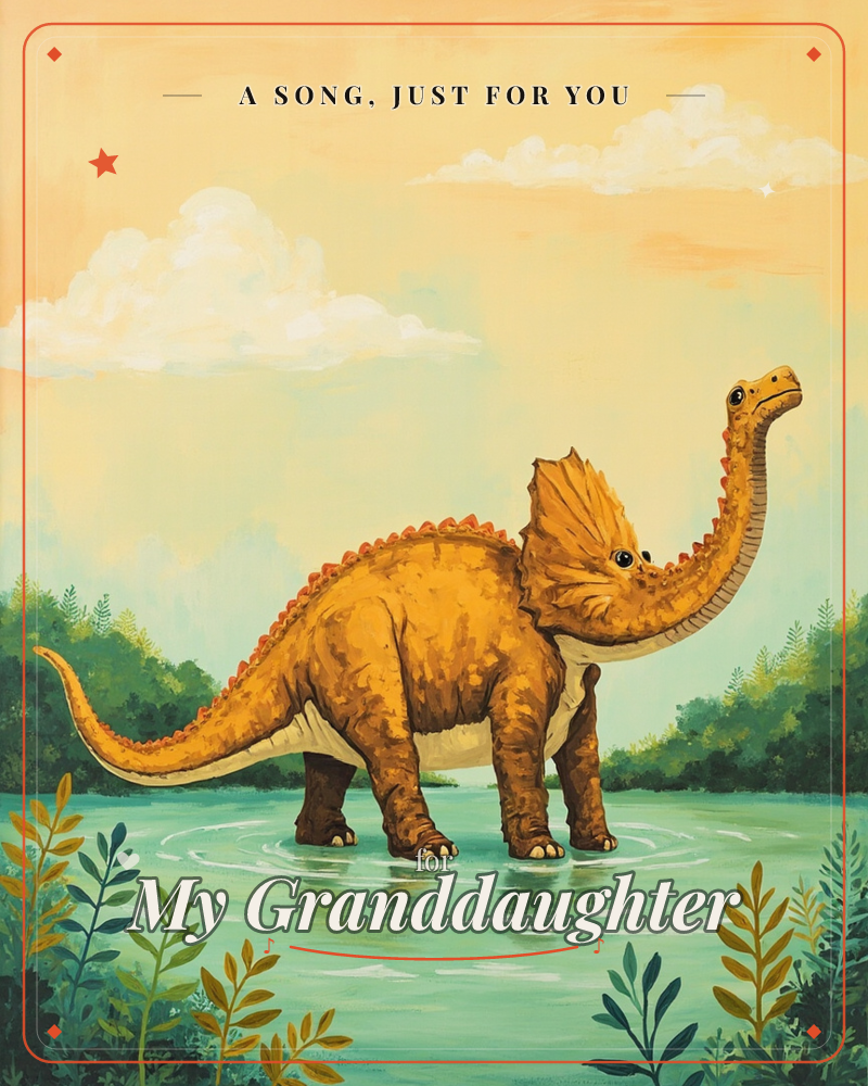 A long-necked dinosaur wades through shallow turquoise water, its golden-brown body dotted with rust-orange spikes along the spine and tail, a just because e-card design