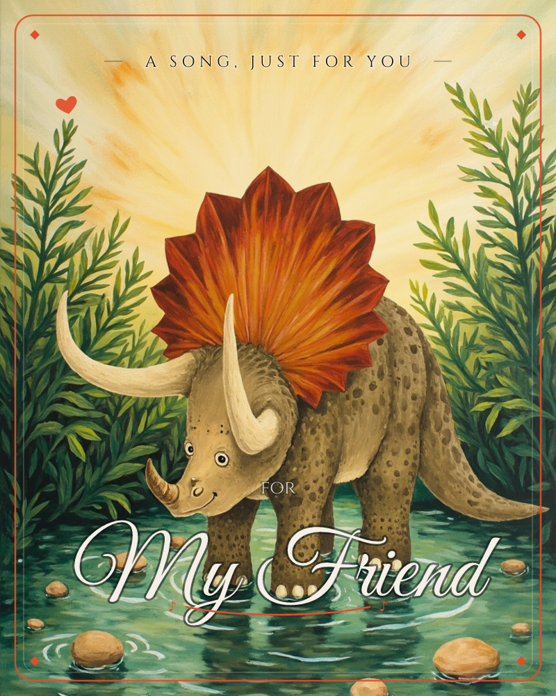 A cheerful triceratops with curling ivory horns and a sunburst-orange frill wades through a shallow green pool ringed with smooth stones, ferny fronds…, a just because e-card design