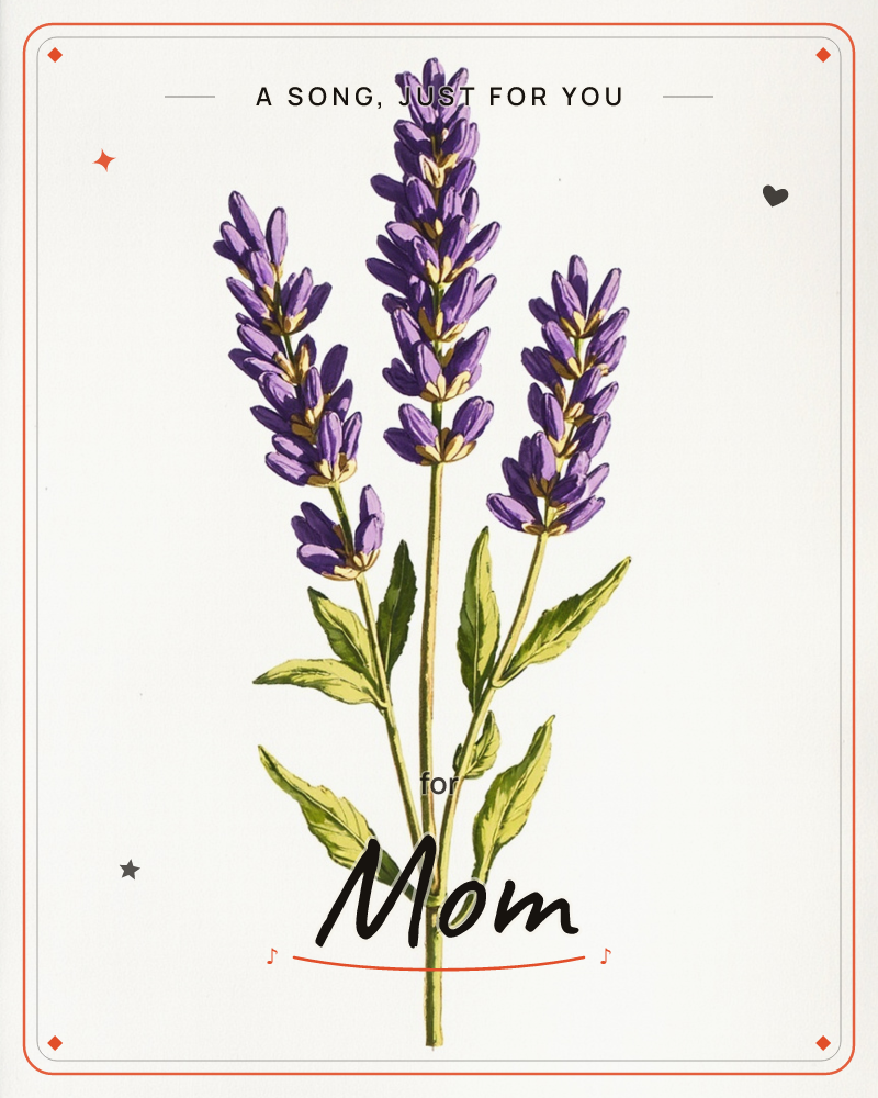 Three tall lavender spikes rise on a single stem with slender green leaves, rendered against a plain vignette background that darkens softly at the…, a just because e-card design