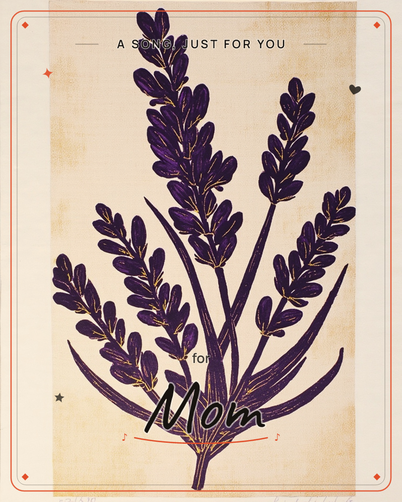 A bold cluster of lavender stems is printed in deep purple with fine gold veining, rising against a warm cream, linen-textured background, a just because e-card design