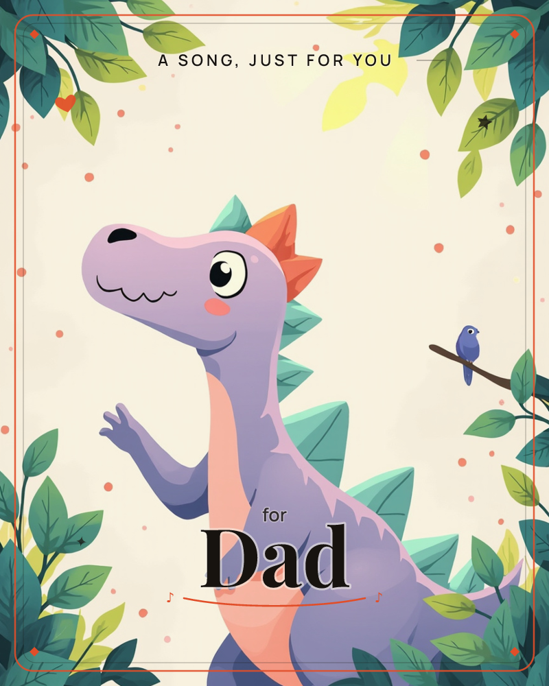 A cheerful purple dinosaur with an orange crest and pink-blushed cheeks waves from a leafy clearing, a small blue bird perched on a branch nearby, a just because e-card design