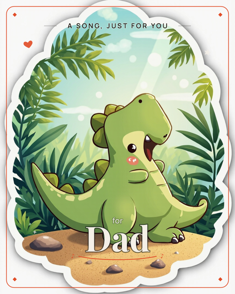 A cheerful cartoon dinosaur stands grinning on a sandy patch, ferns and palm fronds framing it against a sunny, hazy green jungle backdrop, a just because e-card design