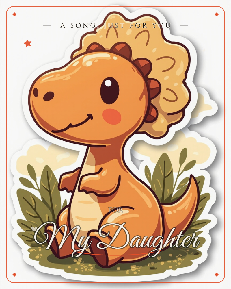 A sticker-style illustration shows a round, smiling orange dinosaur with a big frilled cream-colored crest, sitting among simple green leaves and grass, a just because e-card design