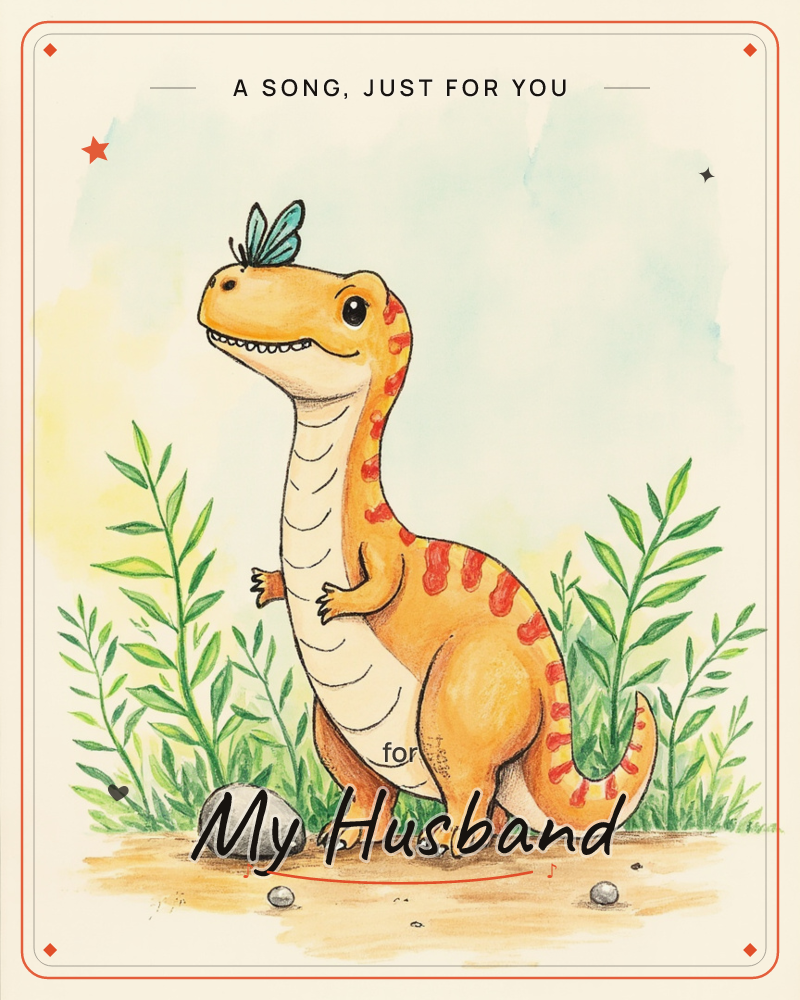 A cheerful orange-and-cream dinosaur with red spots stands upright among tall green leaves, a small blue dragonfly perched on its snout, a just because e-card design