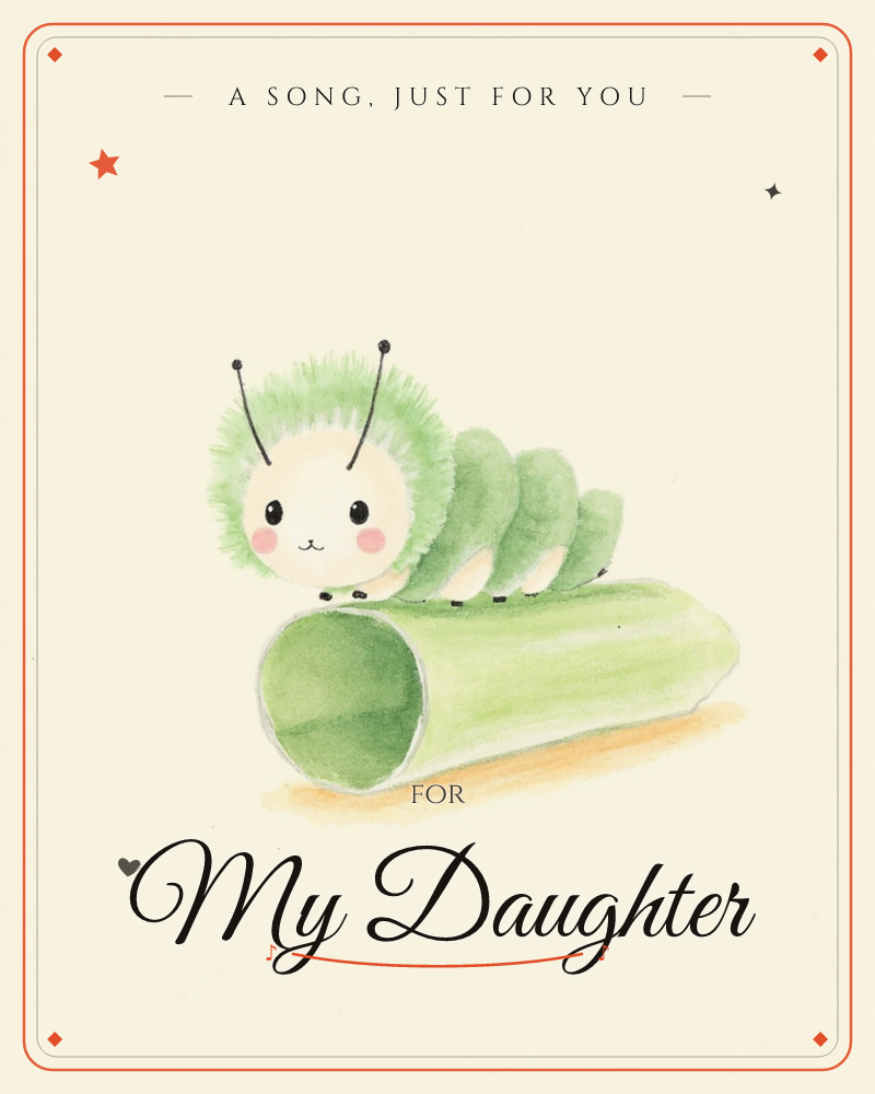 A round, fuzzy green caterpillar with rosy cheeks and a sweet smiling face perches atop a chunky green stalk, its little black-dotted feet lined up…, a just because e-card design