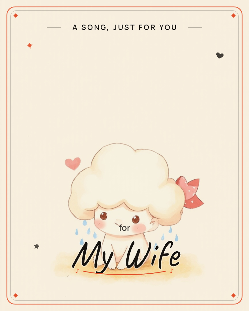 A tiny cloud-headed creature with a fluffy cotton-like puff of hair sits on a warm patch of ground against a plain cream background, a just because e-card design
