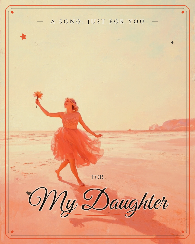 A woman in a flowing tulle dress walks barefoot along an empty beach, holding up a small bunch of flowers as her skirt catches the breeze, a just because e-card design