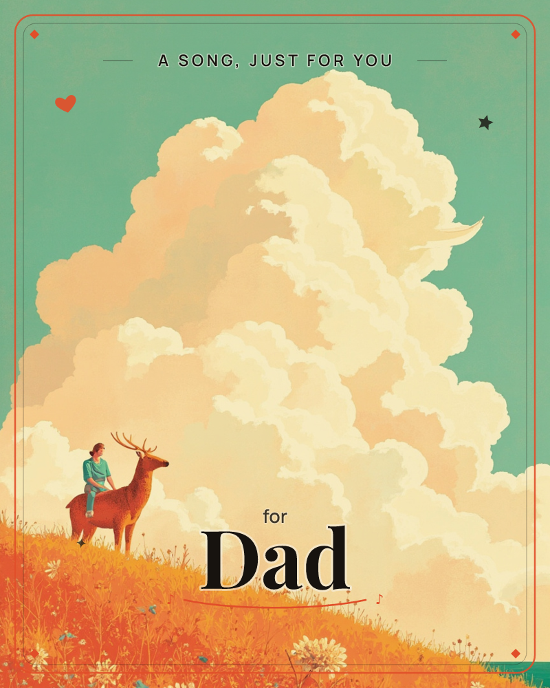 A woman rides bareback on a large antlered stag along the crest of a grassy hill, both facing a towering, sunlit cloud that fills most of the sky in…, a just because e-card design