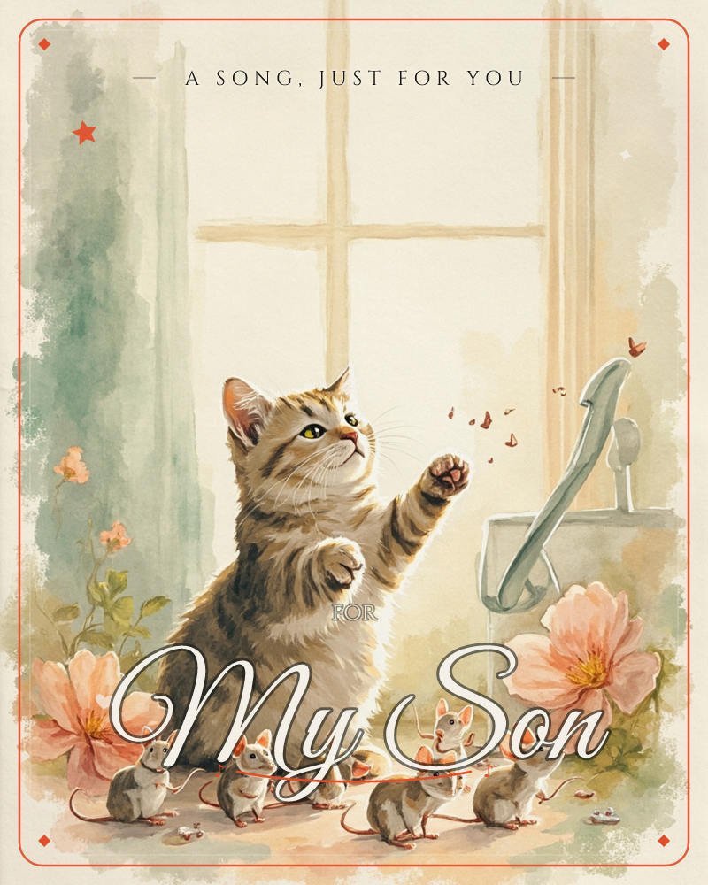 A tabby kitten sits on a sunlit windowsill batting a paw at tiny fluttering butterflies near an old faucet, surrounded by soft pink blooms and a…, a just because e-card design