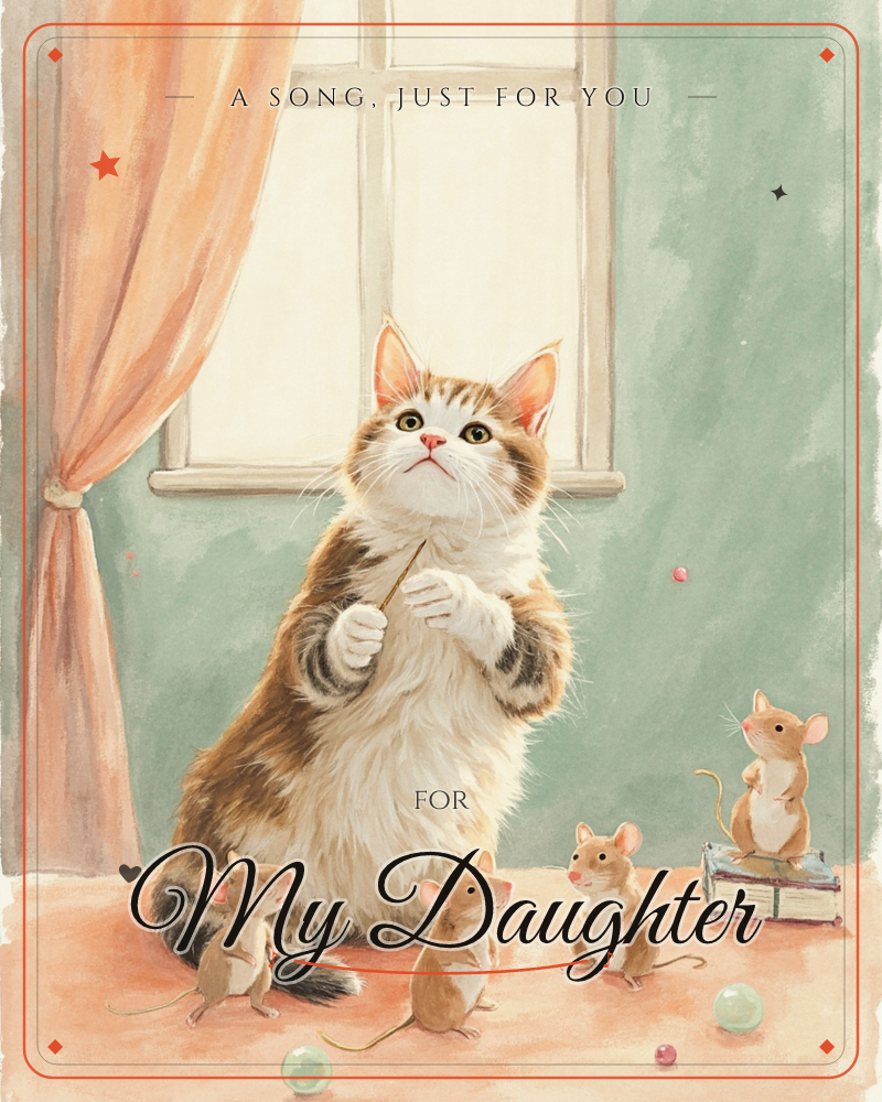 A tabby cat sits upright on its haunches like a conductor, holding a slender stick in its paws, while four mice gather below as if for a recital, a just because e-card design