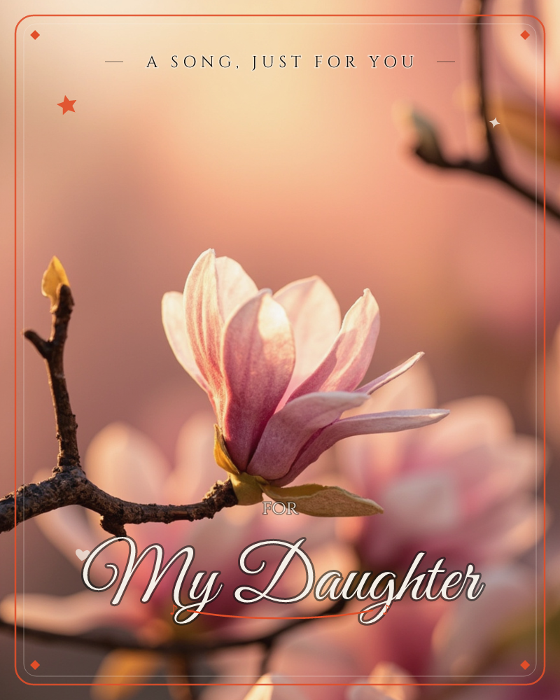 A magnolia blossom opens on a bare branch, its pale pink petals catching warm, low sunlight against a soft blurred backdrop of more blooms, a just because e-card design