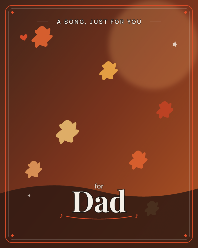 A hazy amber moon glows in the upper corner of a burnt-orange sky, with autumn leaves scattered mid-air as if caught mid-fall over a dark, rolling hill…, a just because e-card design by @DittyCityTeam