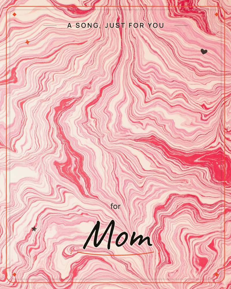 A swirling marbled pattern fills the whole card, streaks of pink and red rippling through cream like ink dropped in water and dragged into waves, a just because e-card design