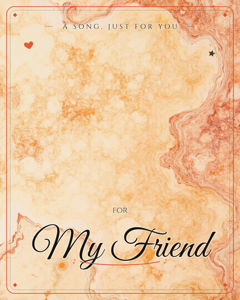 An abstract marbled swirl fills the card, with rippling lines of rust and amber winding through a warm cream field, darkening to shadow at the top and…, a just because e-card design