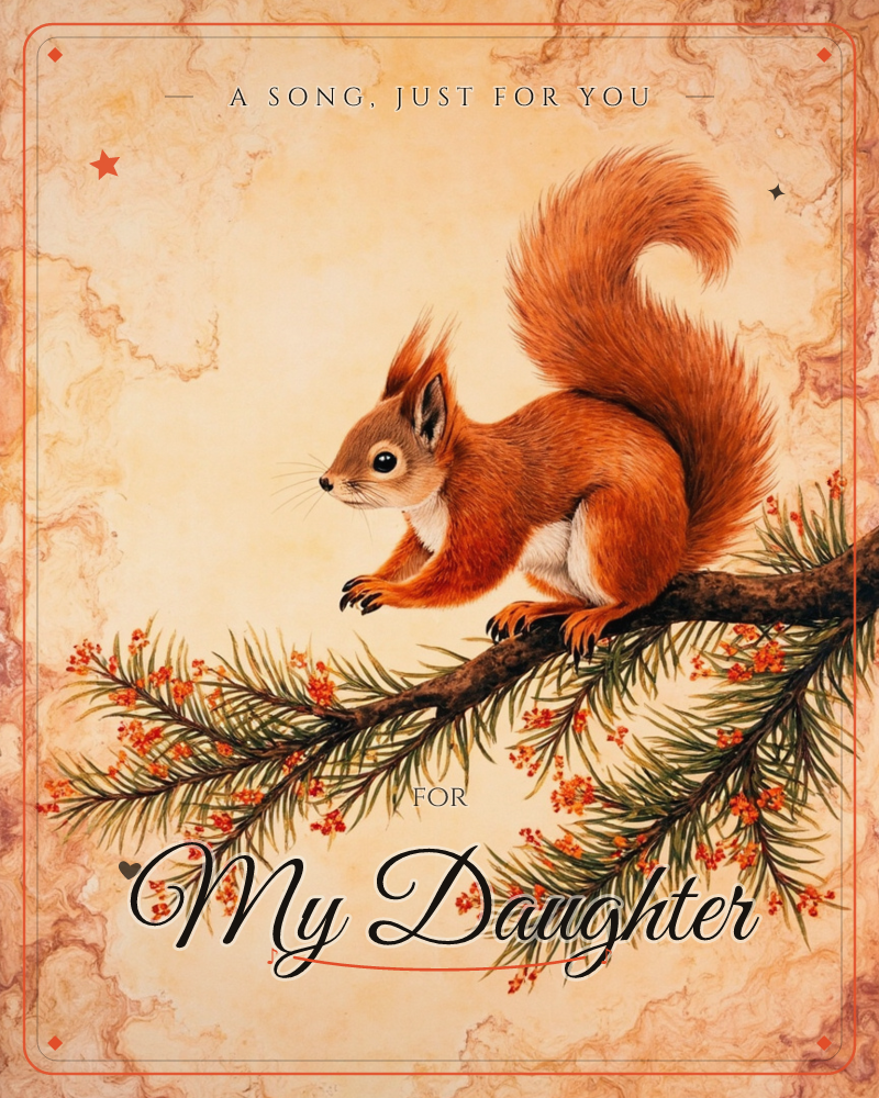 A red squirrel with a fluffy plumed tail perches on a pine branch dotted with small orange berries, painted against a warm marbled amber background, a just because e-card design