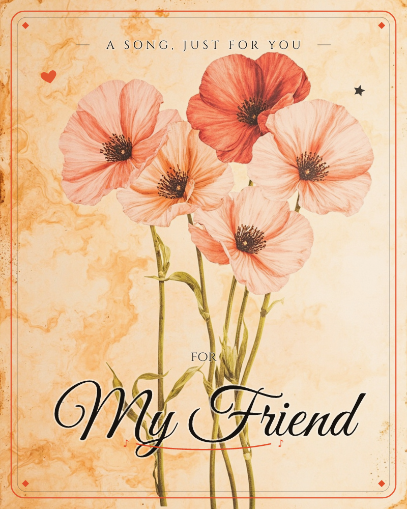 A cluster of five poppies rises on slender green stems against a marbled amber-and-cream background, their petals ranging from soft blush pink to deep…, a just because e-card design