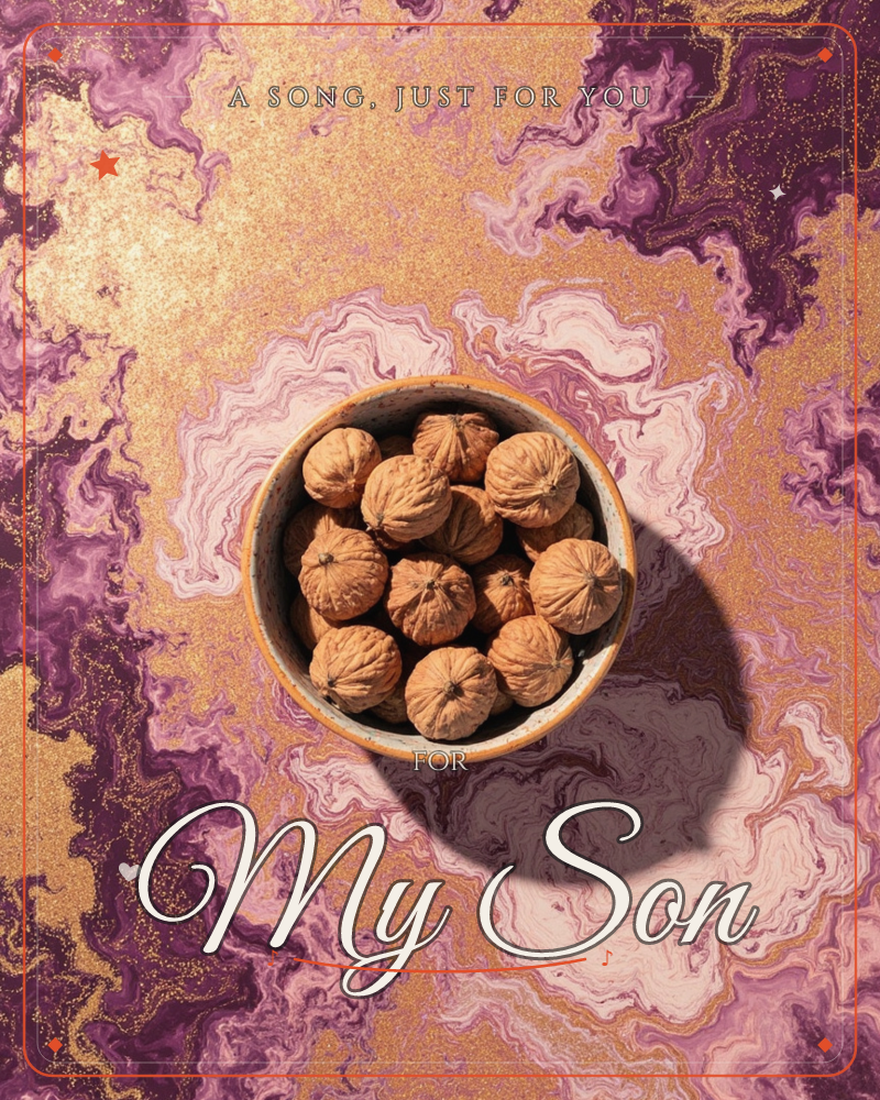 A round bowl of whole walnuts sits centred on a swirling marbled surface of purple, pink and gold, photographed from directly above with a strong…, a just because e-card design