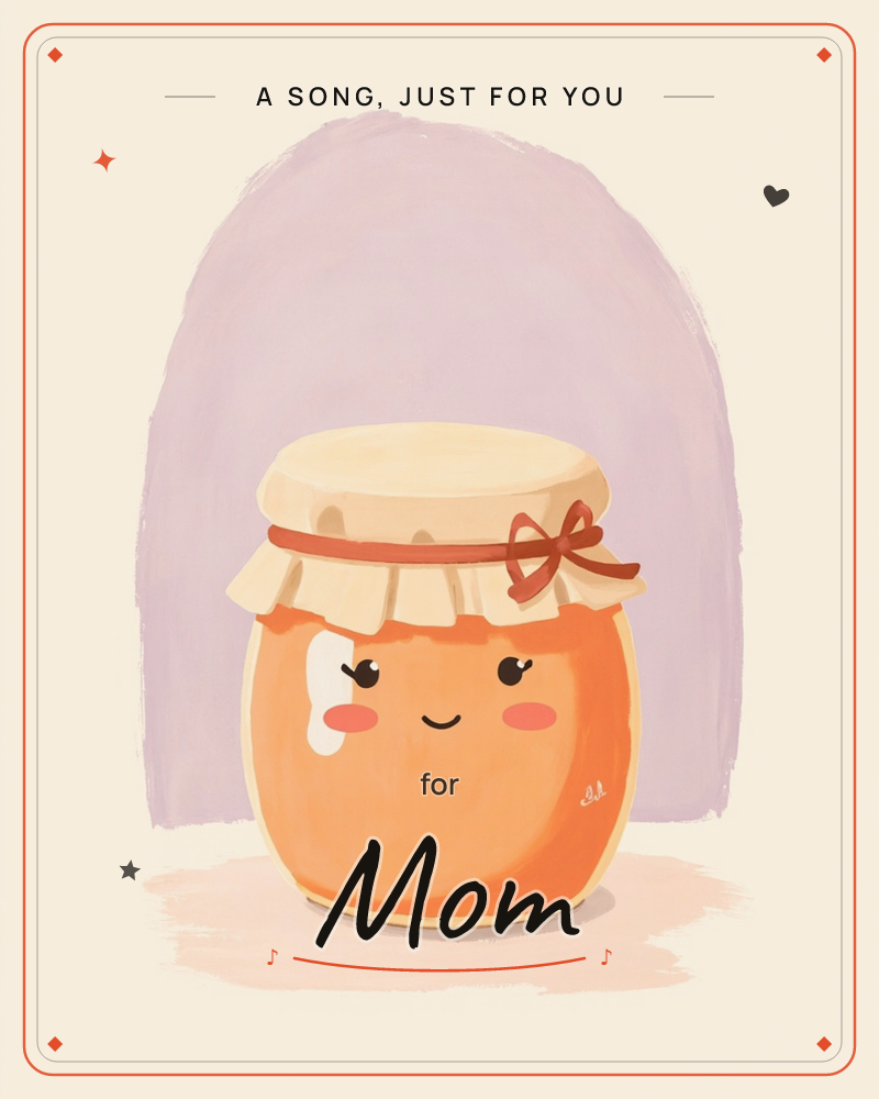 A round jar of honey sits centre stage with a sweet cartoon face and rosy cheeks, its lid wrapped in a fabric cover and tied with a rust-red ribbon bow, a just because e-card design