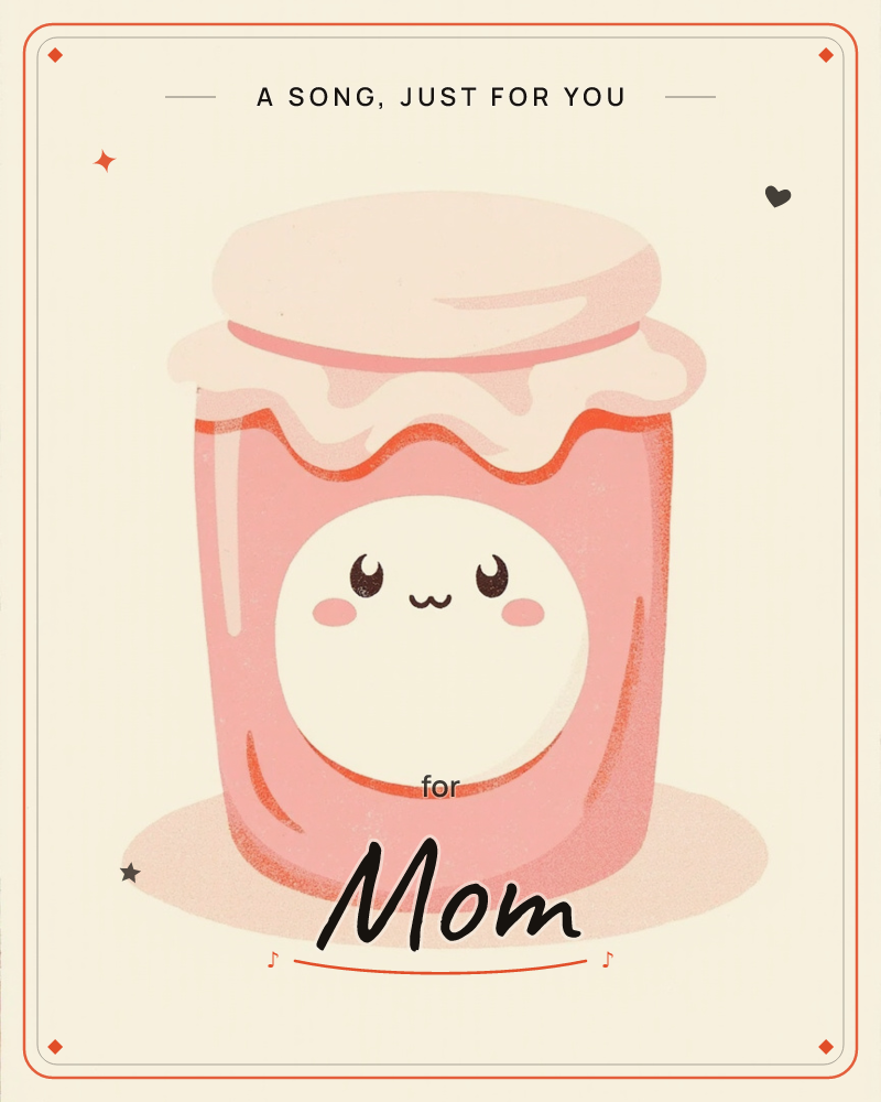 A single jar of pink jam sits centred on a soft cream background, its lid slightly wavy and its glass body catching a gentle rounded shadow, a just because e-card design
