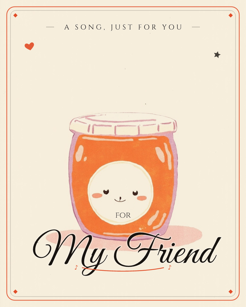 A single jam jar sits centred on a plain cream background, its orange body outlined in soft lilac and topped with a ridged pink lid, a just because e-card design