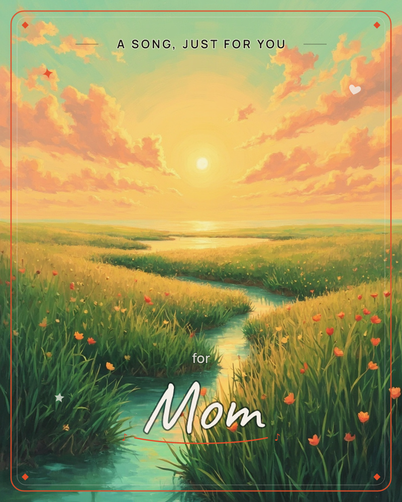 A winding stream cuts through a wildflower meadow toward a glowing sunset horizon, with scattered red and orange blooms lining its banks, a just because e-card design