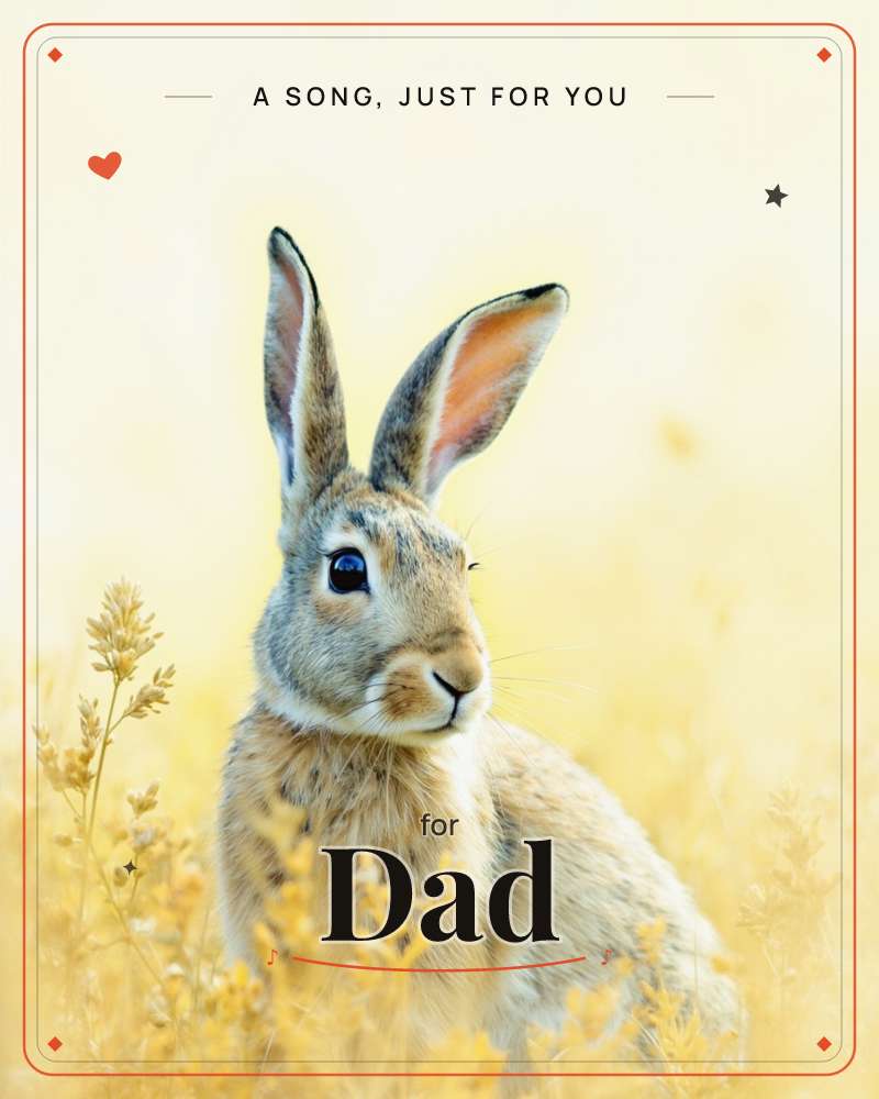 A wild rabbit sits alert amid tall, dry golden grasses, its ears raised and whiskers catching the soft light, a just because e-card design