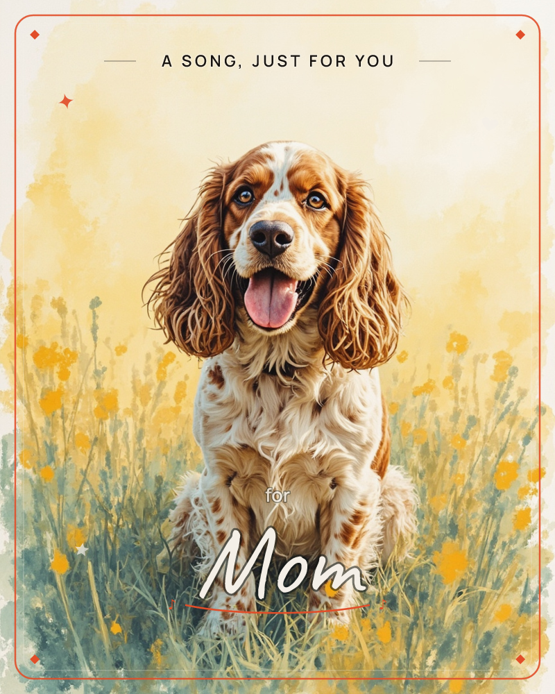 A brown and white spaniel sits amid a meadow of small yellow wildflowers, tongue out and ears drooping past its chin in a happy pant, a just because e-card design