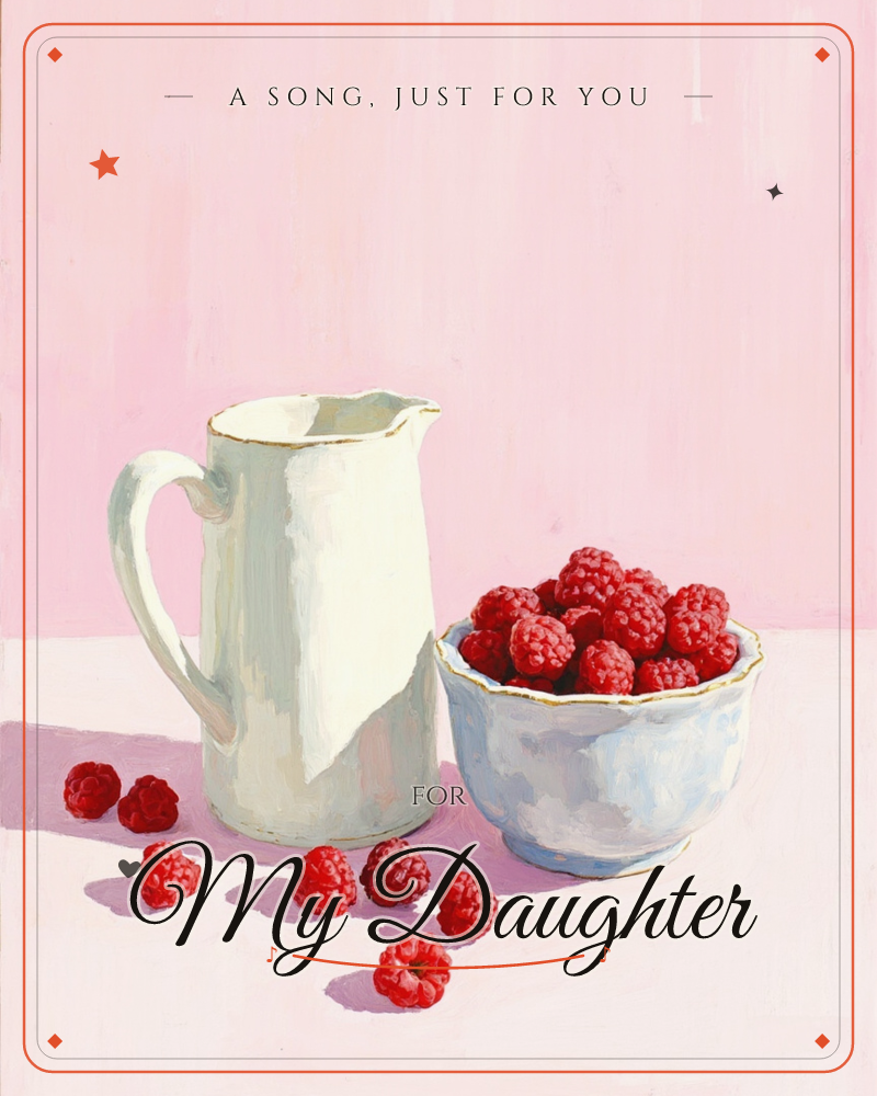A still life shows a cream porcelain jug beside a small bowl heaped with fresh raspberries, set against a soft pink backdrop, a just because e-card design
