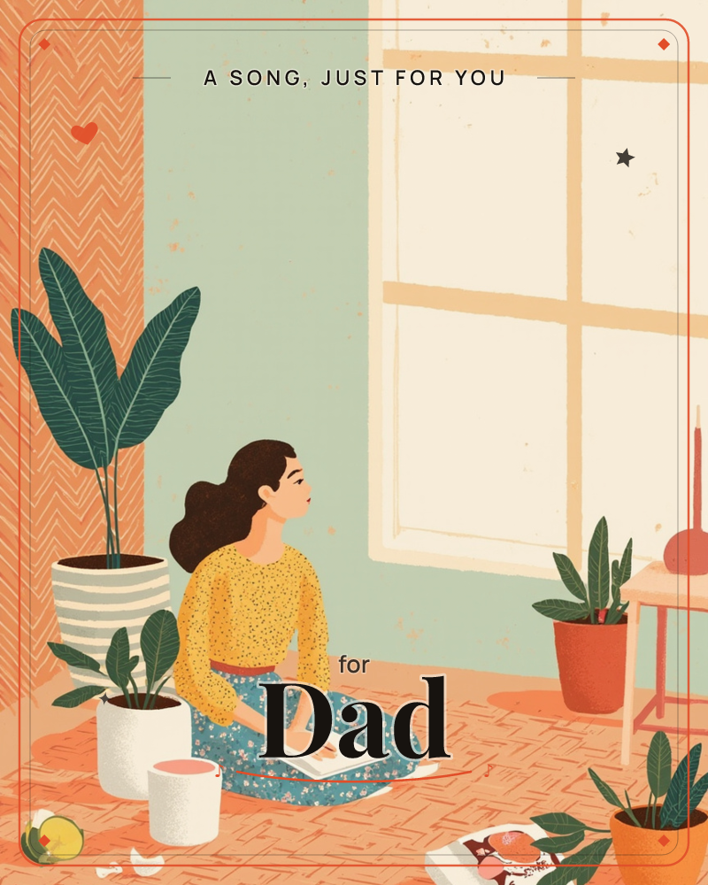 A woman sits cross-legged on a sunlit floor, journal in her lap, surrounded by potted plants and soft morning light pouring through a large window, a just because e-card design