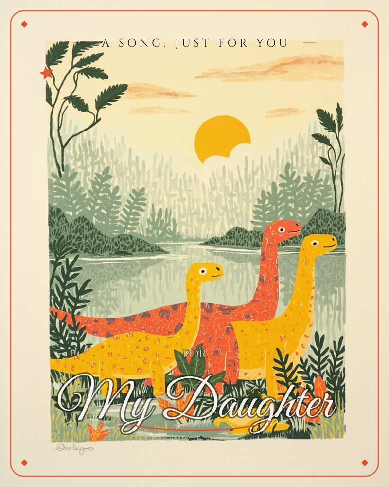 A prehistoric lakeside scene shows three long-necked dinosaurs in mottled orange and yellow wandering through misty ferns and reeds, with a golden sun…, a just because e-card design