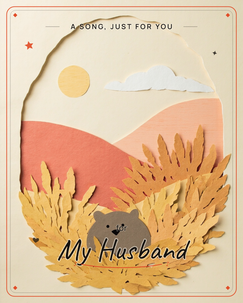 A paper-cut illustration shows a small brown bear peeking out from tall golden grasses, with layered coral hills, a puffy white cloud, and a pale sun…, a just because e-card design