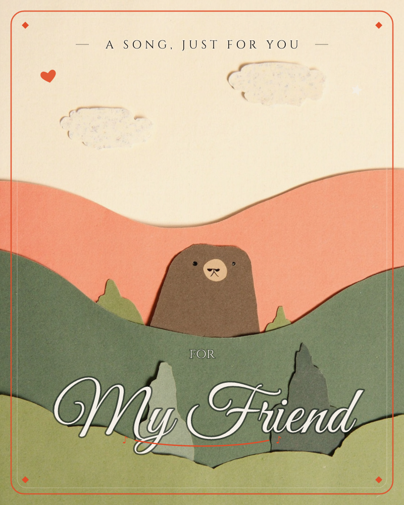 A paper-cutout bear pokes its head above a rolling green hill, set against a coral-orange sky with two soft cut-paper clouds, a just because e-card design