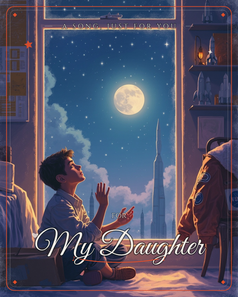 A child kneels on a bedroom floor beneath a tall window, reaching up toward a glowing full moon and a distant rocket silhouetted against the night sky, a just because e-card design