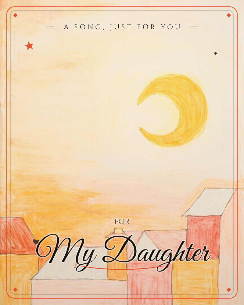 A large golden crescent moon hangs low over a row of simple rooftops, its glow washing the whole sky in soft peach and amber, a just because e-card design