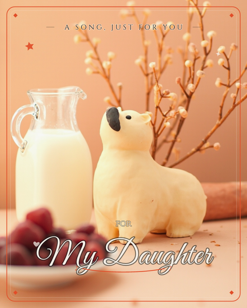 A small pale-yellow bear-shaped figure sits on a peach tabletop beside a glass pitcher of milk, a dish of dark cherries, and a spray of dried berry…, a just because e-card design