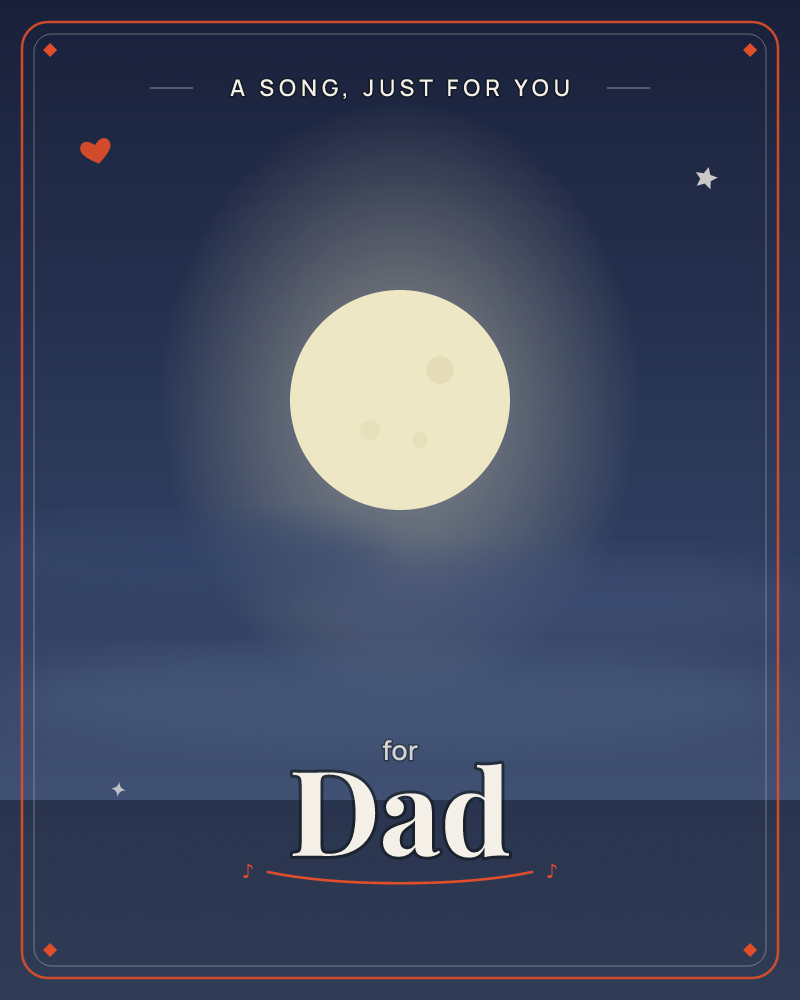 A pale full moon glows against a deep midnight-blue sky, its soft halo fading into a hazy band of clouds above a dark, silhouetted horizon, a just because e-card design by @DittyCityTeam