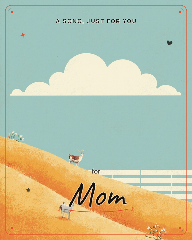 A wide golden hillside rolls beneath a flat, cartoonish cloud sitting still against a soft teal sky, a just because e-card design