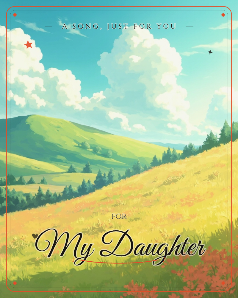 A rolling countryside scene with a golden meadow sweeping up a sunlit hillside, scattered with small orange wildflowers, while dark pine trees line the…, a just because e-card design