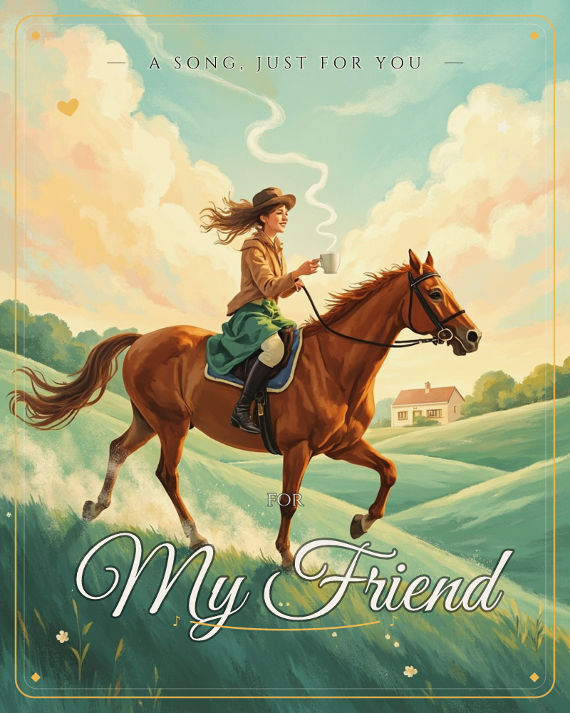 Rolling green hills at dawn, steam curling into a pastel sky, a lone cottage on the horizon, wind rushing wild and warm, a just because e-card design by @DittyCityTeam