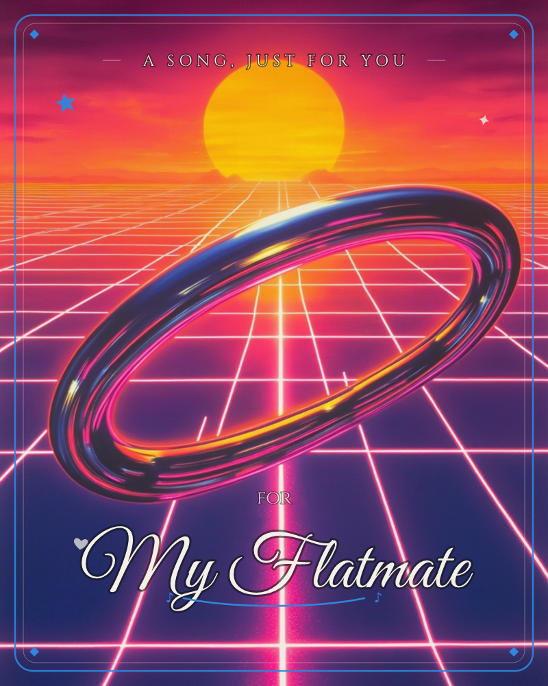 A large chrome ring floats tilted above an infinite glowing grid floor, its dark surface streaked with reflections of pink and orange, a just because e-card design
