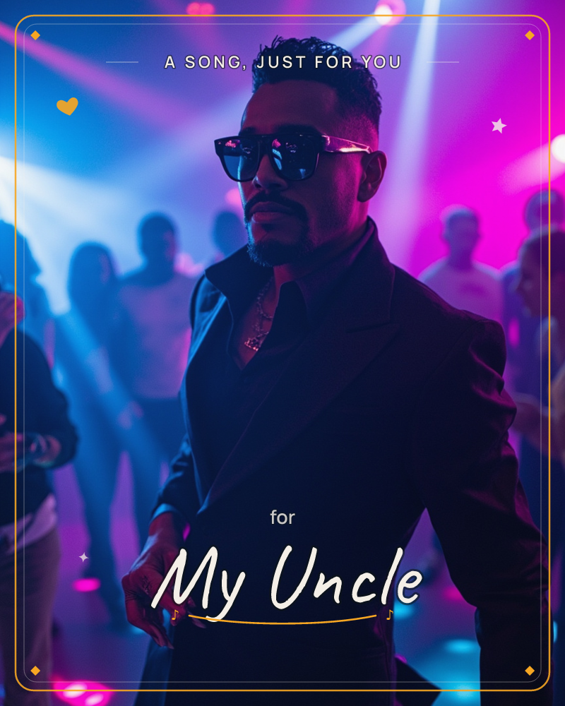 A man in dark shades holds court under crossing neon beams, the crowd dissolving into pink and blue haze behind him, a just because e-card design