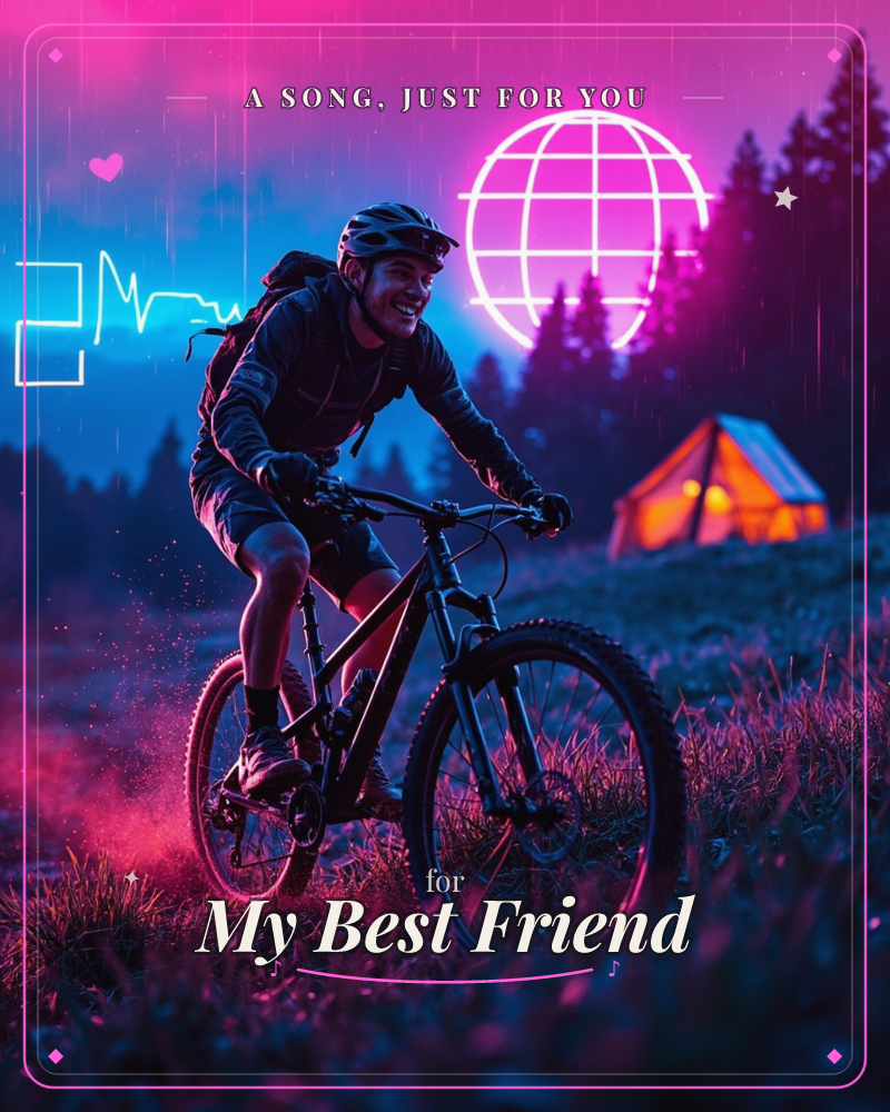 A man in a helmet, backpack, and dark riding gear grins while pedaling a mountain bike hard across a grassy hillside, mud kicking up behind the rear wheel, a just because e-card design by @ZestyGroove