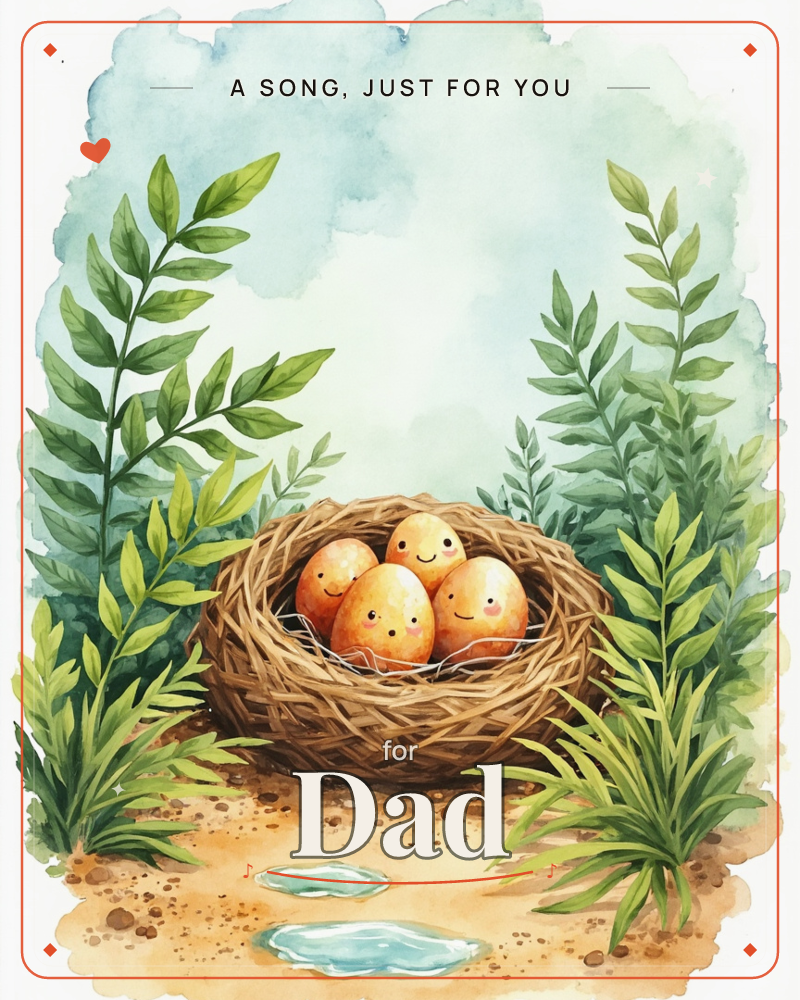 A woven twig nest cradles four smiling speckled eggs, tucked snugly on a patch of bare earth between tall fern-like fronds, a just because e-card design