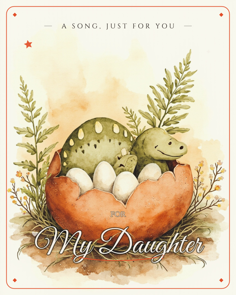 A smiling green baby dinosaur peeks over the edge of a cracked terracotta-orange eggshell, nestled among four smooth white eggs, a just because e-card design