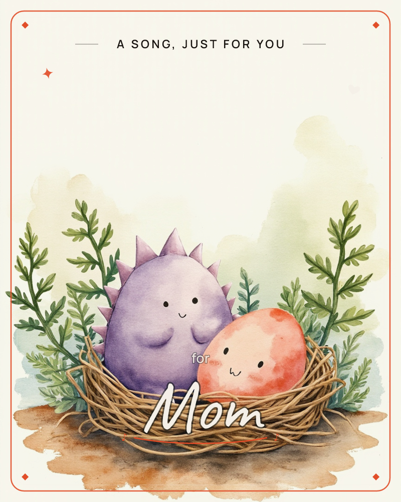 A round, smiling purple dinosaur with soft spikes sits snugly in a woven twig nest beside a blushing orange egg with its own tiny happy face, a just because e-card design